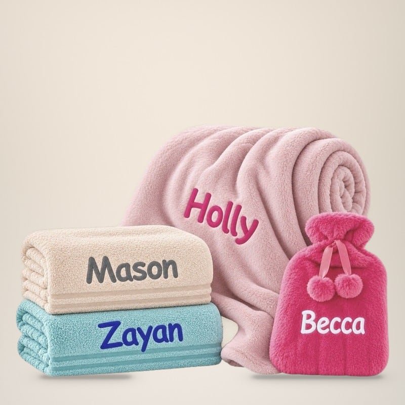 Personalised embroidered towels, fleece blanket and hot water bottle