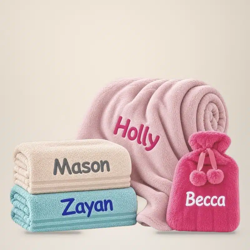 Personalised embroidered towels, fleece blanket and hot water bottle
