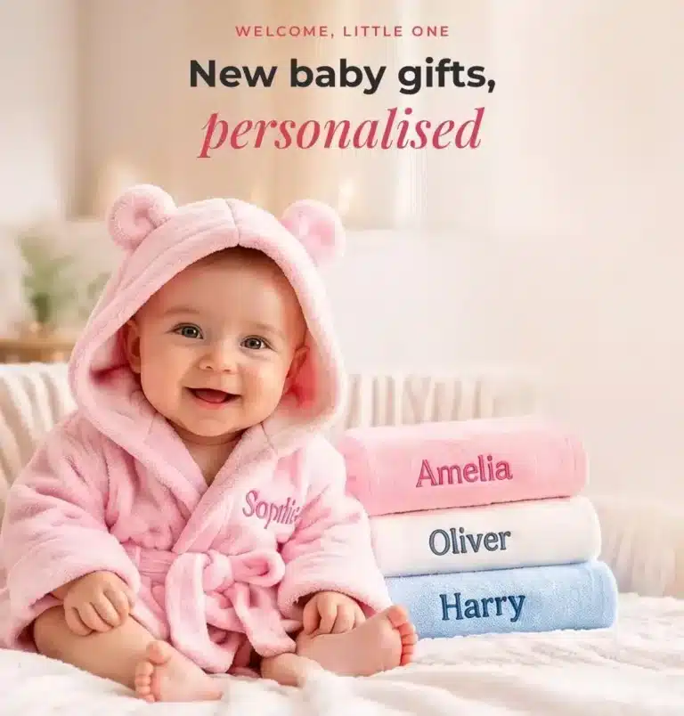 Smiling baby in a pink personalised hooded robe beside embroidered name towels, teddy, comforter and baby robe