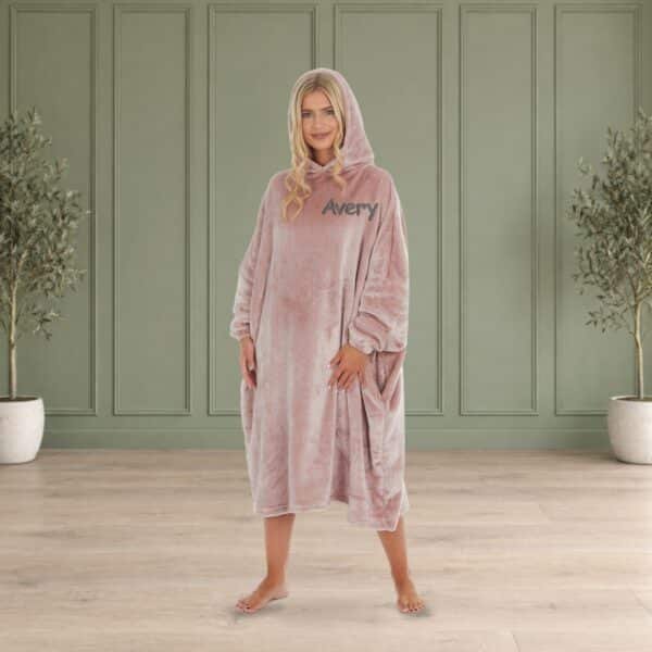 Personalised long adult oversized hoodie in Blush embroidered with a name