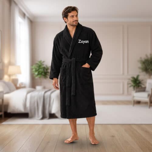 Personalised adult towelling bathrobe with shawl collar in black