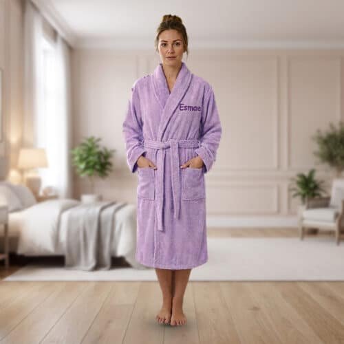 Personalised Adult Towelling Bathrobe with Shawl Collar – Lilac