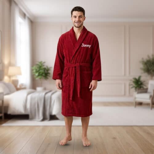 Personalised Adult Towelling Bathrobe with Shawl Collar – Red