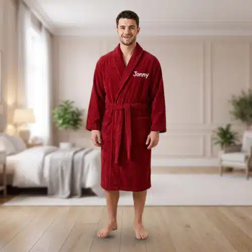 Personalised Adult Towelling Bathrobe with Shawl Collar – Red