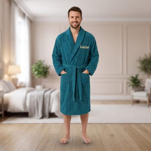 Personalised Adult Towelling Bathrobe with Shawl Collar – Teal
