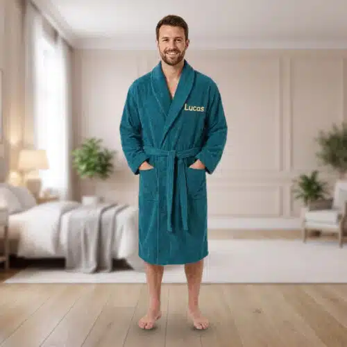 Personalised Adult Towelling Bathrobe with Shawl Collar – Teal