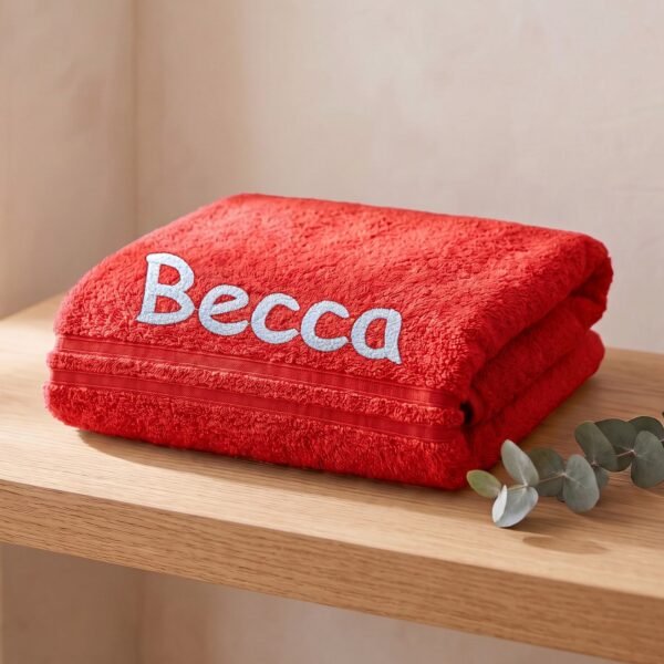 Personalised embroidered red towel with name