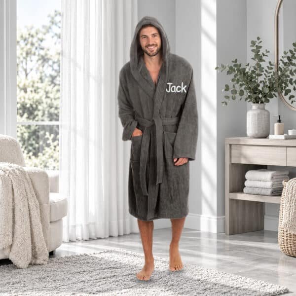 Personalised hooded towelling bathrobe, adult, grey 100% cotton, embroidered name