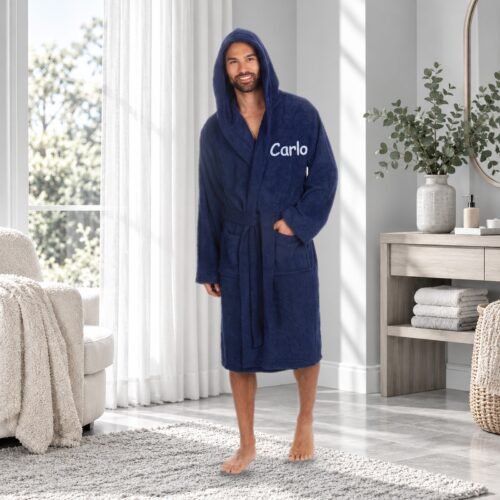 Personalised Hooded Towelling Bathrobe – Adult, 100% Cotton