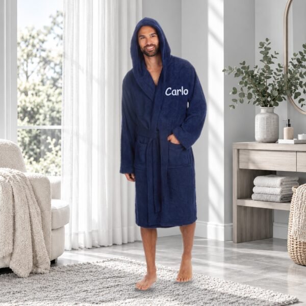 Personalised hooded towelling bathrobe, adult, navy 100% cotton, embroidered name