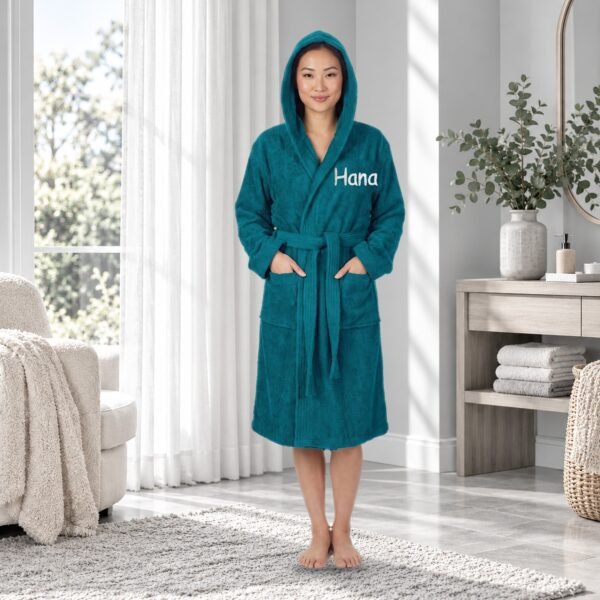 Personalised hooded towelling bathrobe, adult, teal 100% cotton, embroidered name