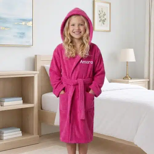 Personalised Kids Hooded Towelling Robe – Fuchsia