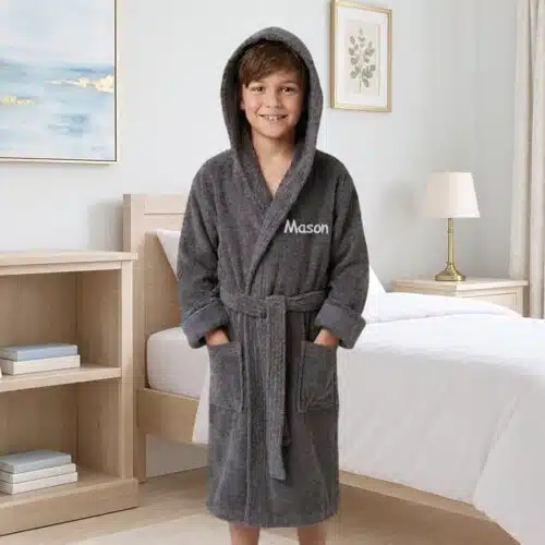 Personalised Kids Hooded Towelling Robe – Grey