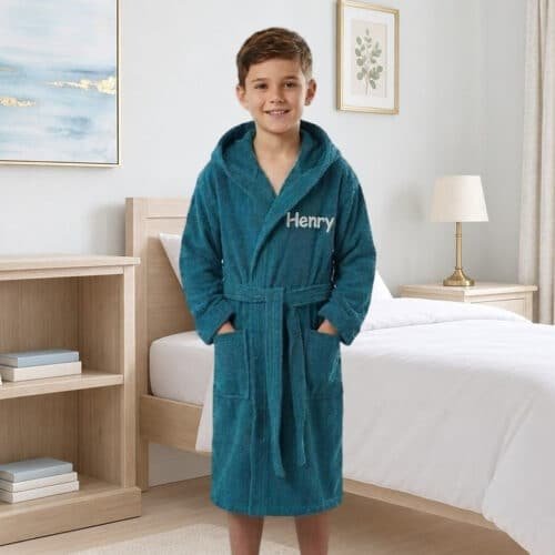 Personalised Kids Hooded Towelling Robe – Teal