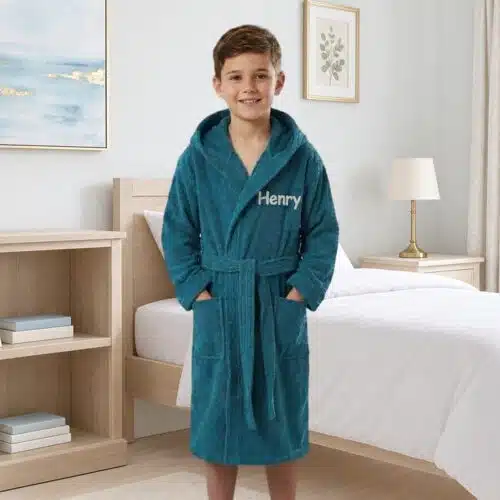 Personalised Kids Hooded Towelling Robe – Teal