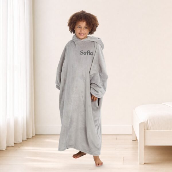 Personalised kids long oversized hoodie in grey with embroidered name