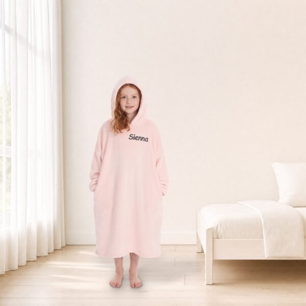 Personalised kids long oversized hoodie in blush pink with embroidered name
