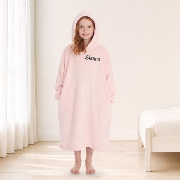 Personalised kids long oversized hoodie in blush pink with embroidered name
