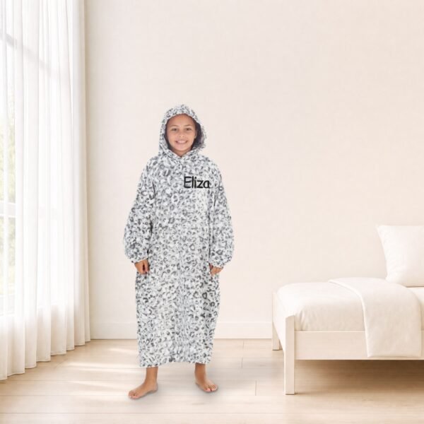 Personalised kids long oversized hoodie in snow leopard fleece with embroidered name