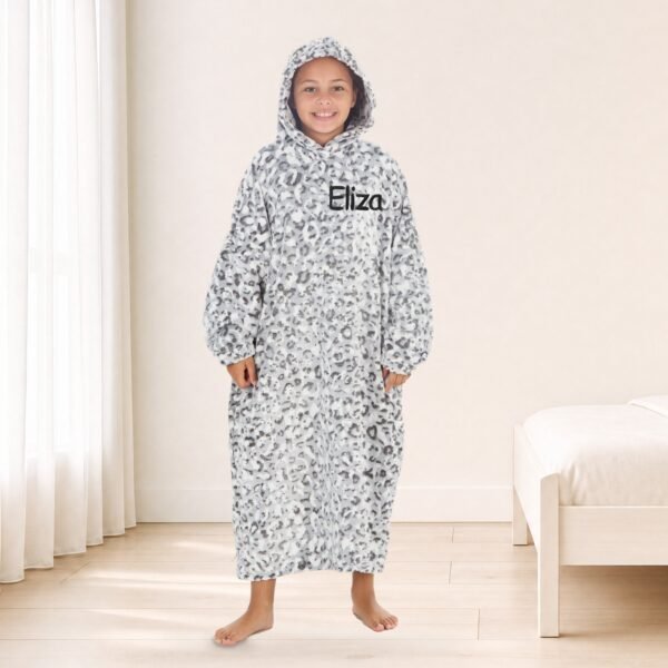 Personalised kids long oversized hoodie in snow leopard fleece with embroidered name