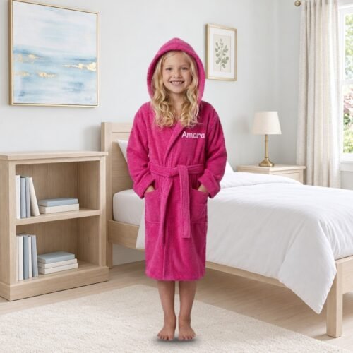 Personalised Kids Hooded Towelling Robe – Fuchsia