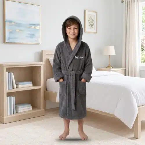 Personalised Kids Hooded Towelling Robe – Grey