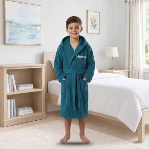 Personalised Kids Hooded Towelling Robe – Teal